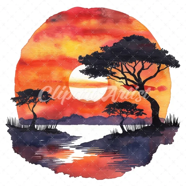 21 High-Quality African Sunset Clipart - African sunset digital watercolor JPG instant download for commercial use - Digital download