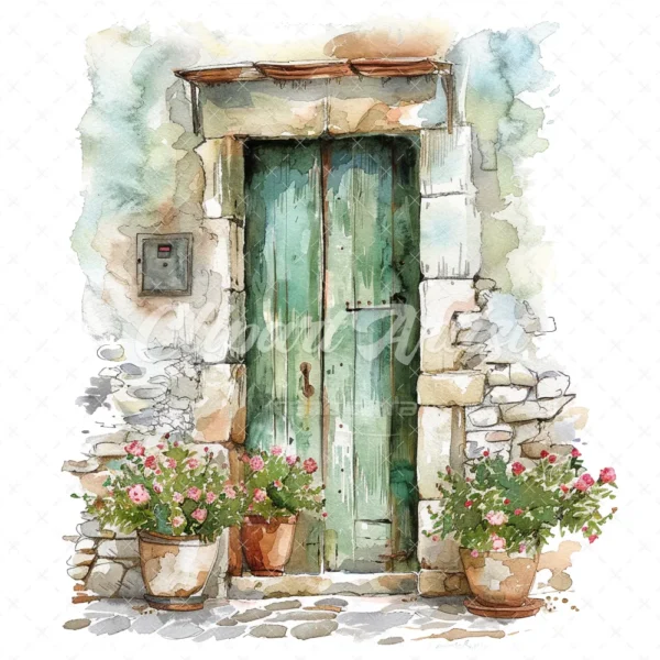 20 High-Quality Doors on Countryside Clipart - Floral doors digital watercolor JPG instant download for commercial use - Digital download