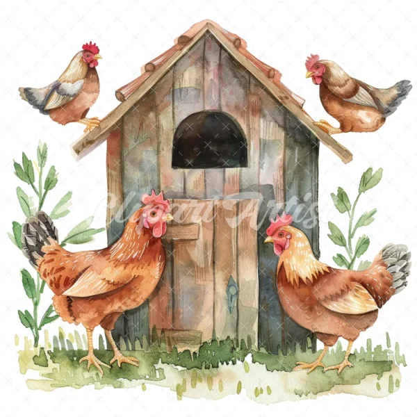 20 High-Quality Chicken Coop Clipart - Chicken coop digital watercolor JPG instant download for commercial use - Digital download
