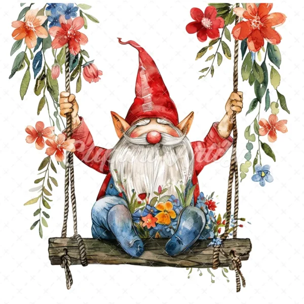 18 High-Quality Gnome on Swing Clipart - Gnome on swing wreath digital watercolor JPG instant download for commercial use - Digital download