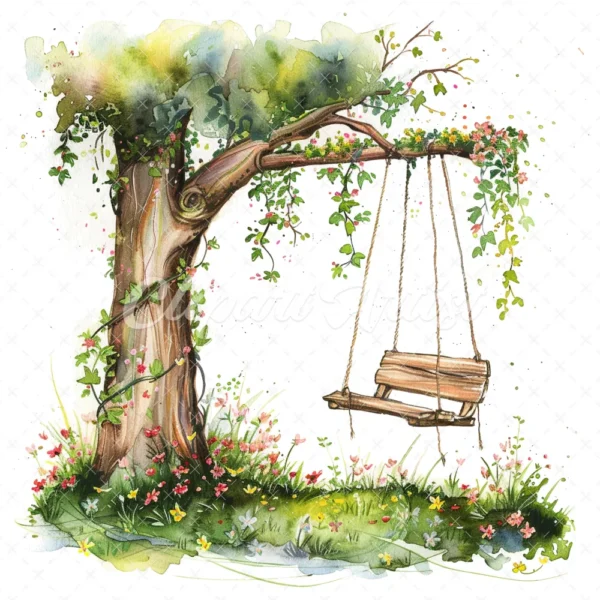 18 High-Quality Tree Swings Clipart - Tree swings digital watercolor JPG instant download for commercial use - Digital download