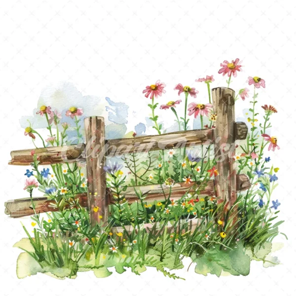 20 High-Quality Fence Wildflowers Clipart - Fence wildflowers digital watercolor JPG instant download for commercial use - Digital download