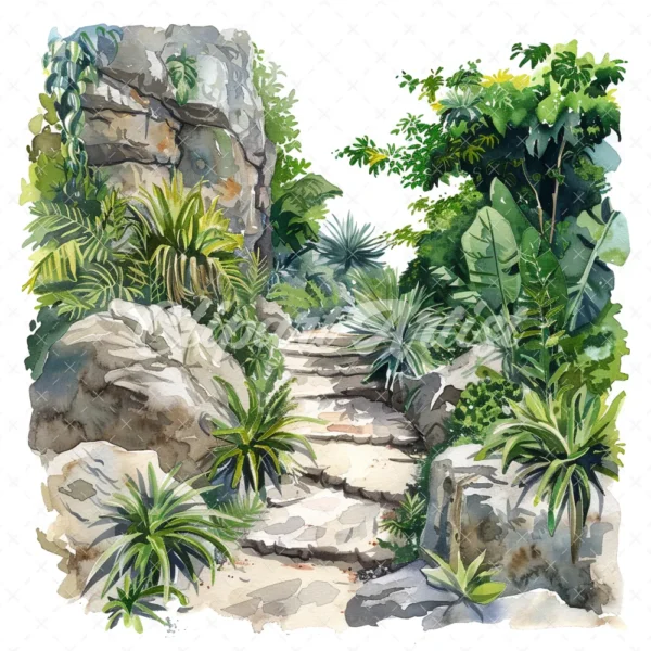 20 High-Quality Jungle Rocky Path Clipart - Jungle rocky path digital watercolor JPG instant download for commercial use - Digital download