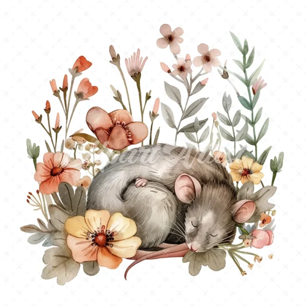 20 High-Quality Mice Sleep In Flower Clipart - Mice sleep digital watercolor JPG instant download for commercial use - Digital download