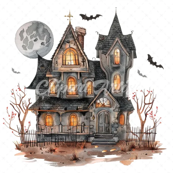 20 High-Quality Haunted House Clipart - Haunted house digital watercolor JPG instant download for commercial use - Digital download