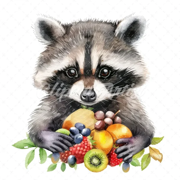 20 High-Quality Cute Fruit Raccoon Clipart - Fruit raccoon digital watercolor JPG instant download for commercial use - Digital download