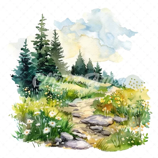 18 High-Quality Spring Meadow Trail Clipart - Spring meadow trail watercolor JPG instant download for commercial use - Digital download