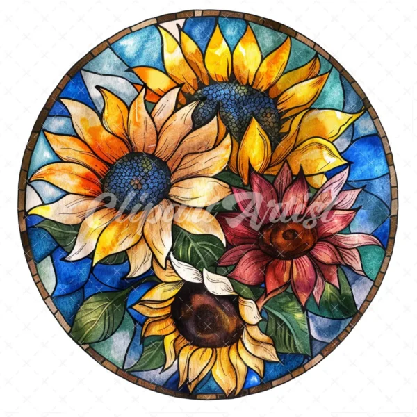 20 High-Quality Stained Glass Sunflowers Clipart - Sunflowers digital watercolor JPG instant download for commercial use - Digital download
