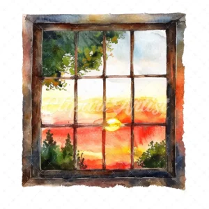 20 High-Quality Sunset Window Clipart - Sunset window digital watercolor JPG instant download for commercial use - Digital download
