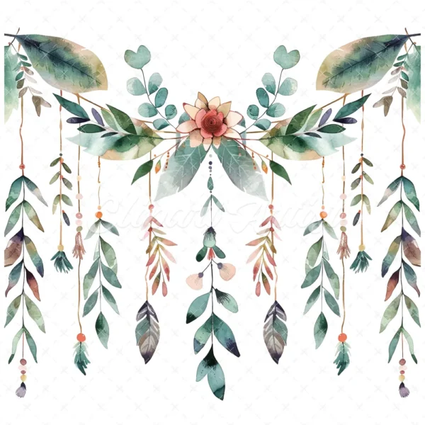 20 High-Quality Boho Leaves Garland Clipart - Boho leaf garland digital watercolor JPG instant download for commercial use -Digital download
