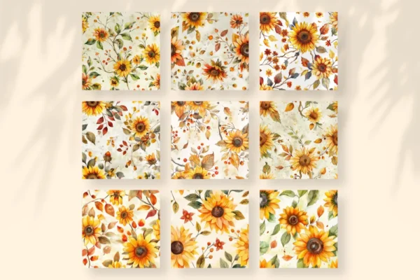 Sunflowers Seamless Digital Paper - 64 Scrapbook patterns, Seamless autumn backgrounds, Fall texture paper, Commercial use, Digital download