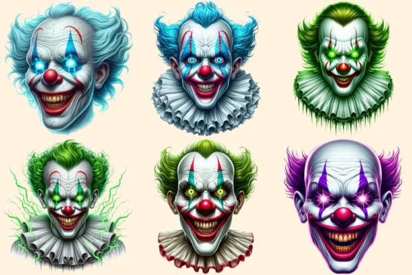 Psycho Clowns PNG Clipart Collection - 31 PNG, Spooky clown illustrations, Haunted circus graphics, Commercial use, Digital download