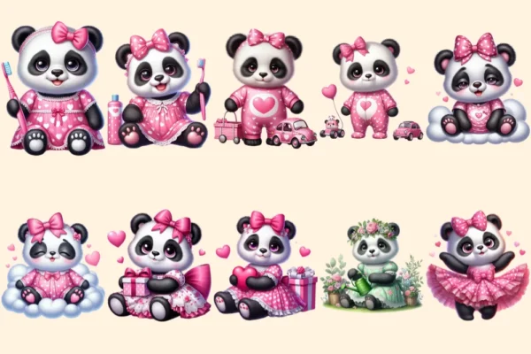 Girl Pandas PNG Clipart Collection - 50 PNG, Charming panda illustrations, Sweet panda printable art, Commercial use, Digital download