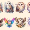 Owls (P-2) PNG Clipart Collection - 40 PNG, Charming owl illustrations, Forest creature printables, Commercial use, Digital download