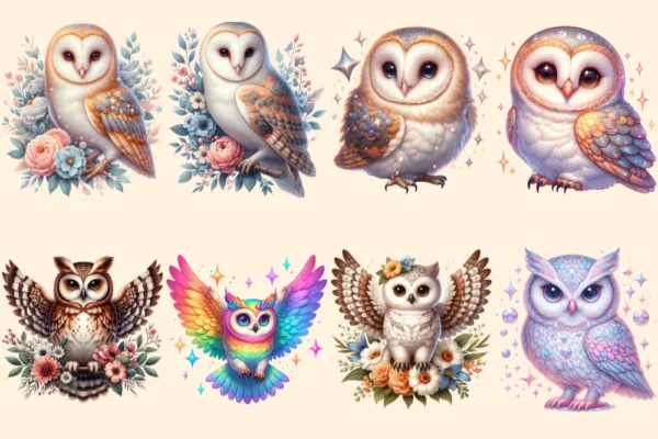 Owls (P-2) PNG Clipart Collection - 40 PNG, Charming owl illustrations, Forest creature printables, Commercial use, Digital download