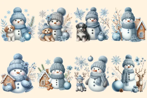 Blue Snowman PNG Clipart Collection - 38 PNG, Winter snowman graphics, Festive printable designs, Commercial use, Digital download