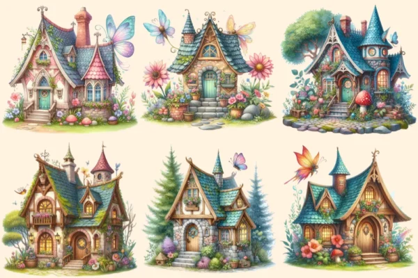 Fairy Houses PNG Clipart Collection - 32 PNG, Whimsical home illustrations, Magical printable art, Commercial use, Digital download