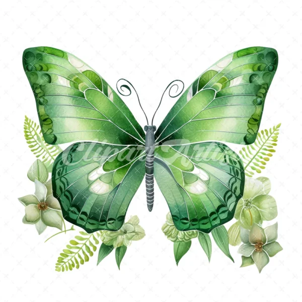 20 High-Quality Green Floral Butterfly Clipart - Butterfly digital watercolor JPG instant download for commercial use - Digital download