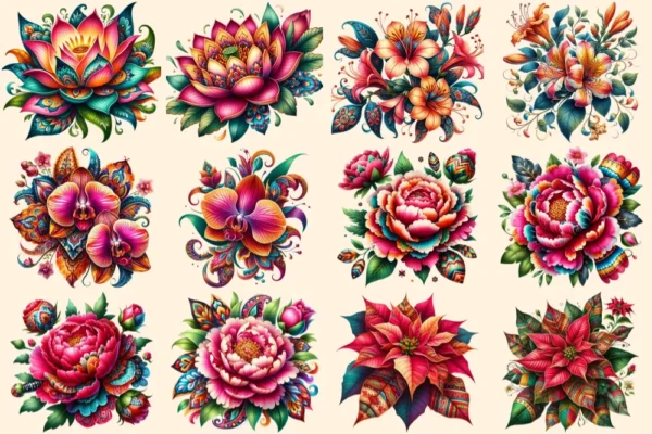 Mexican Flowers PNG Clipart Collection - 58 PNG, Cultural themed illustration, Colorful floral art, Commercial use, Digital download