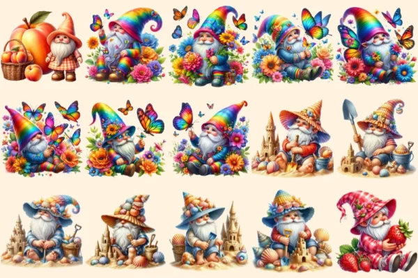 Summer Gnomes PNG Clipart Collection - 70 PNG, Bright summer gnome illustration, Cheerful printables, Commercial use, Digital download
