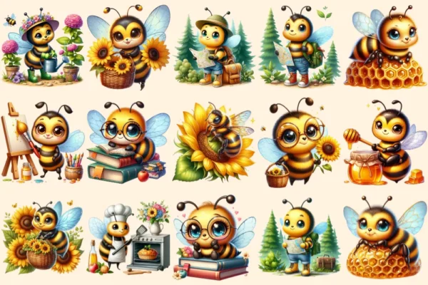 Bee PNG Clipart Collection - 72 PNG, Busy honeybee illustrations, Cute bee printables, Commercial use, Digital download