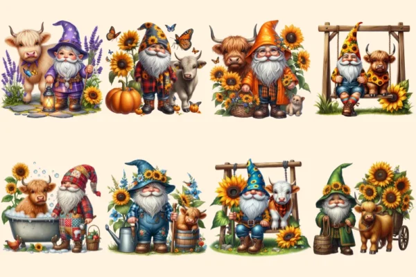 Gnomes With Cows PNG Clipart Collection - 40 PNG, Quirky gnome and cow graphics, Farmhouse prints, Commercial use, Digital download