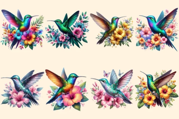 Hummingbirds PNG Clipart Collection - 38 PNG, Tropical bird illustrations, Vibrant floral printables, Commercial use, Digital download