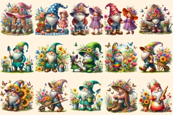 Spring Gnomes PNG Clipart Collection - 68 PNG, Wildflower gnome graphics, Spring garden printables, Commercial use, Digital download