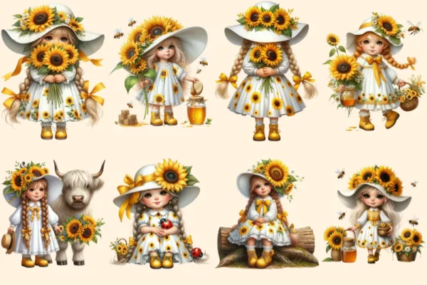 Sunflower Girl Gnomes PNG Clipart Collection - 40 PNG, Sunny gnome graphics, Sunflower printables, Commercial use, Digital download