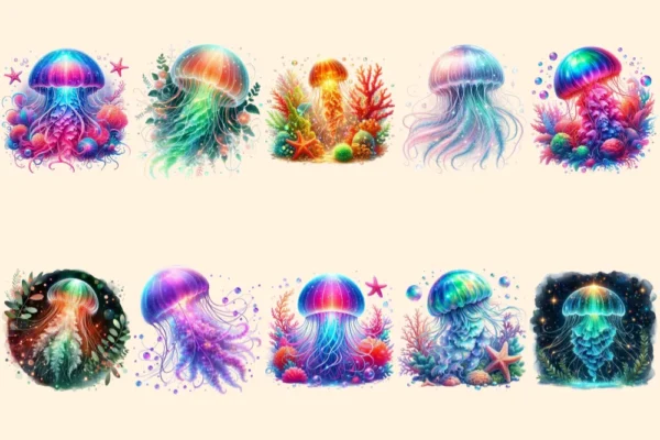Glowing Jellyfish PNG Clipart Collection - 49 PNG, Underwater creature graphics, Ocean life printables, Commercial use, Digital download