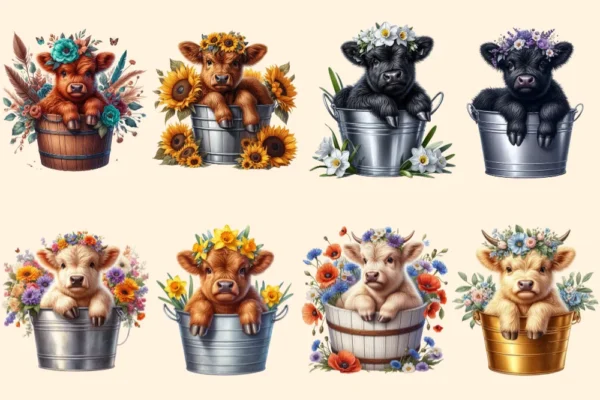 Highland Cows PNG Clipart Collection - 34 PNG, Cute cow illustrations, Charming highland cattle art, Commercial use, Digital download