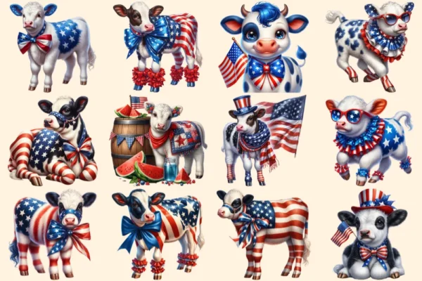 4th of July Cows PNG Clipart Collection - 55 PNG, American pride calf graphics, Cow printables, Commercial use, Digital download
