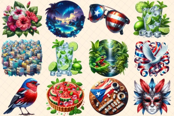 Puerto Rico (P-3) PNG Clipart Collection - 57 PNG, Tropical travel illustrations, Puerto rico island prints, Commercial use,Digital download