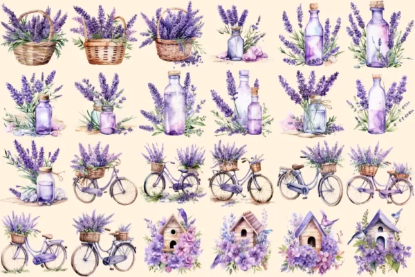 Lavenders Watercolor Clipart Bundle - 160+ transparent PNG, PNG of Tranquil summer lavender joy, Lavenders Commercial use, Digital download