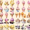 Ice Cream Watercolor Clipart Bundle - 260+ transparent PNG, Savory tasty desserts, Beach dessert, Sweets Commercial use, Digital download