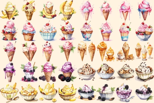 Ice Cream Watercolor Clipart Bundle - 260+ transparent PNG, Savory tasty desserts, Beach dessert, Sweets Commercial use, Digital download