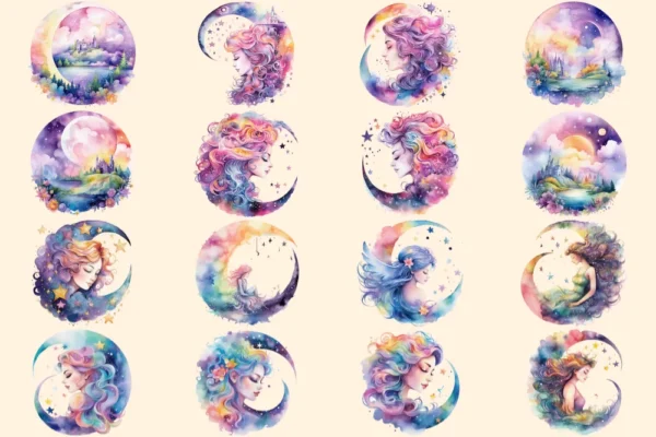 Dreamy Moons Clipart Bundle - 100+ transparent PNG, Fantasy fairytale moon art imagery, Enchanting moon png Commercial use, Digital download