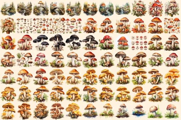 Mushrooms Watercolor Clipart Bundle - 520+ transparent PNG, Mushrooms png, Enchanted nature illustrations, Commercial use,Digital download