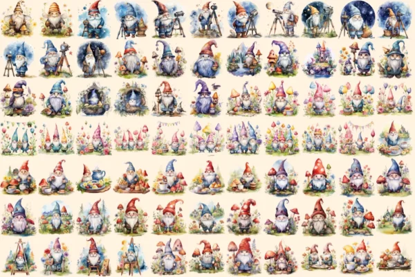 Gnomes Watercolor Clipart Bundle - 520+ transparent PNG, Enchanted gnome graphics png, Storybook gnome png, Commercial use, Digital download