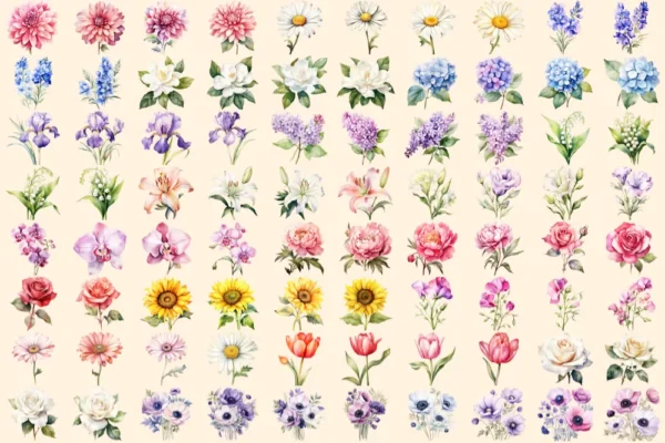 Wedding Flowers Watercolor Clipart Bundle - 545+ transparent PNG, Floral wedding elements, Bride's bouquet, Commercial use, Digital download