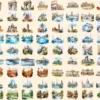 Landmarks Watercolor Clipart Bundle - 620+ transparent PNG, Popular landmark graphics, top wonders clipart, Commercial use, Digital download