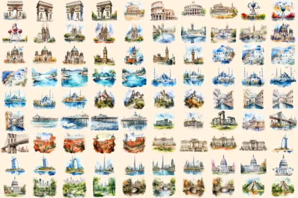 Landmarks Watercolor Clipart Bundle - 620+ transparent PNG, Popular landmark graphics, top wonders clipart, Commercial use, Digital download
