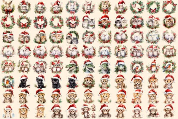 Christmas Animals Watercolor Clipart Bundle - 560+ transparent PNG, Festive animal images, Santa hat wreath, Commercial use,Digital download