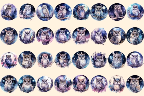 Celestial Owls Watercolor Clipart Bundle - 215+ transparent PNG, Galaxy night images, Mystical fantasy art, Commercial use, Digital download