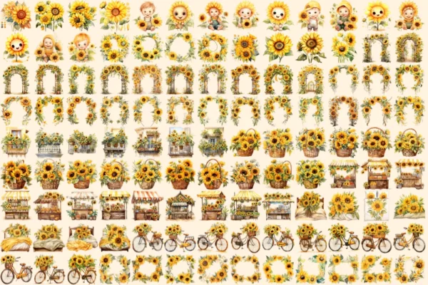 Sunflowers Watercolor Clipart Bundle - 776+ transparent PNG, Vibrant sunflower png, Radiant summer flowers, Commercial use, Digital download