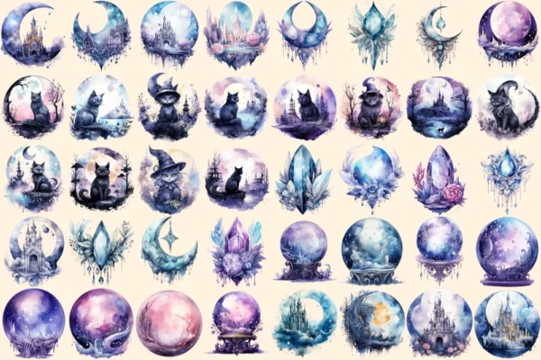 Moon Witches Watercolor Clipart Bundle - 260+ transparent PNG, Fantasy mystical images, Magical fairytale, Commercial use, Digital download
