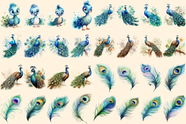 Peacocks Watercolor Clipart Bundle - 205+ transparent PNG, Regal bird illustrations, Colorful peacocks png, Commercial use, Digital download