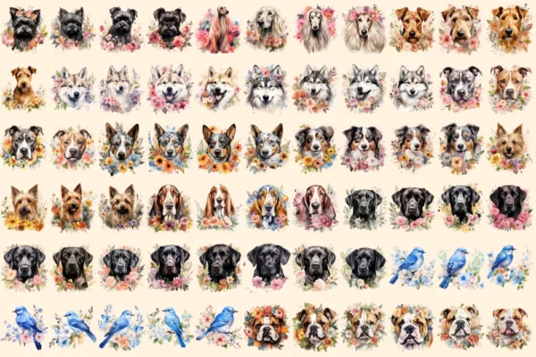 Floral Animals Watercolor Clipart Bundle - 450+ transparent PNG, Adorable animals png, Flower animal decor, Commercial use, Digital download