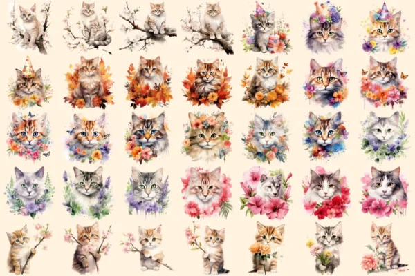 Flower Cats Watercolor Clipart Bundle - 223+ transparent PNG, Charming kitten graphics, Fantasy kitten art, Commercial use, Digital download