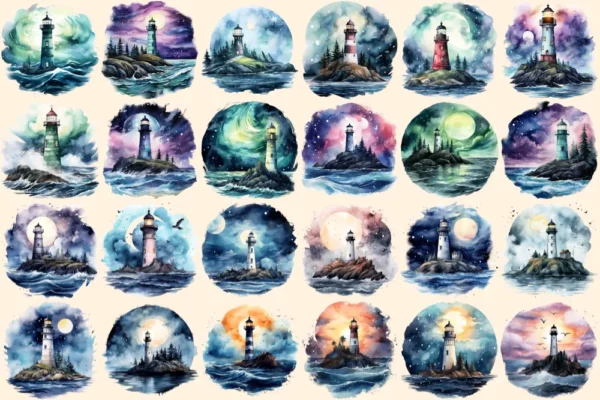 Lighthouses Watercolor Clipart Bundle - 154+ transparent PNG, Coastal views images, Seaside light Graphics, Commercial use, Digital download